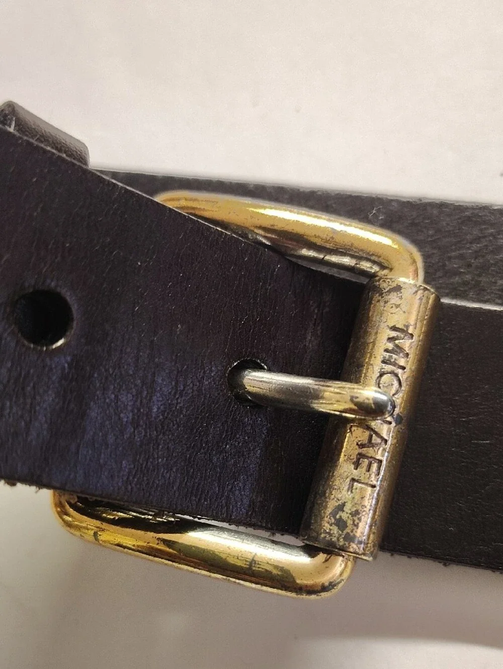 Michael Kors Black Leather Belt with Gold-Tone Buckle and Logo Studs